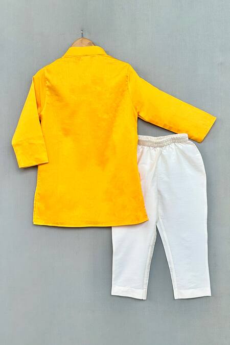 Shop_Label Neeti_Yellow Satin, Mirrors, Embroidery Placket Kurta With Pant _at_Aza_Fashions