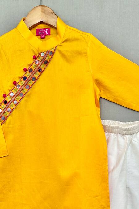 Label Neeti_Yellow Satin, Mirrors, Embroidery Placket Kurta With Pant _Online_at_Aza_Fashions