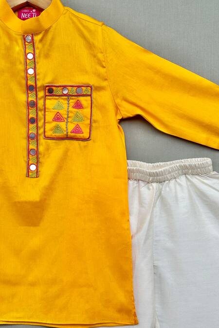 Label Neeti_Yellow Satin, Mirrors, Embroidery Thread Kurta With Pant _Online_at_Aza_Fashions