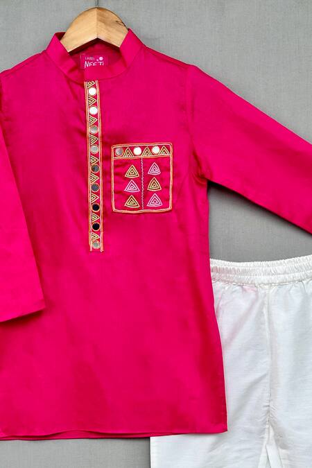 Label Neeti_Pink Satin, Mirrors, Embroidery Thread Kurta With Pant _Online_at_Aza_Fashions