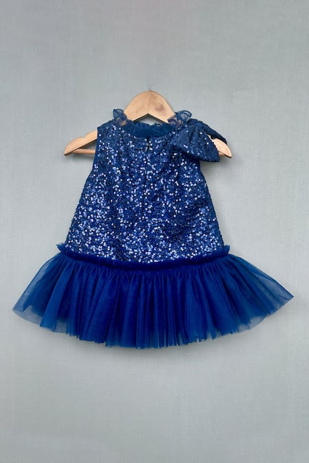 Shop_Label Neeti_Blue Net, Cotton Sequins, Bows Embellished Dress _at_Aza_Fashions