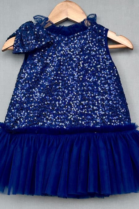 Label Neeti_Blue Net, Cotton Sequins, Bows Embellished Dress _Online_at_Aza_Fashions