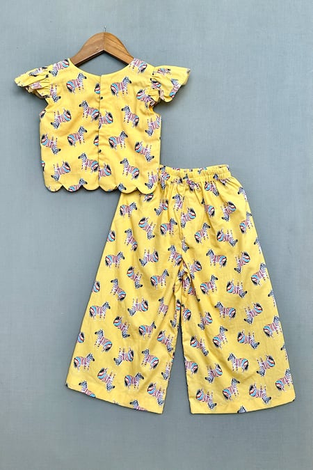 Shop_Label Neeti_Yellow Cotton Bows Animal Print Top With Pant _at_Aza_Fashions