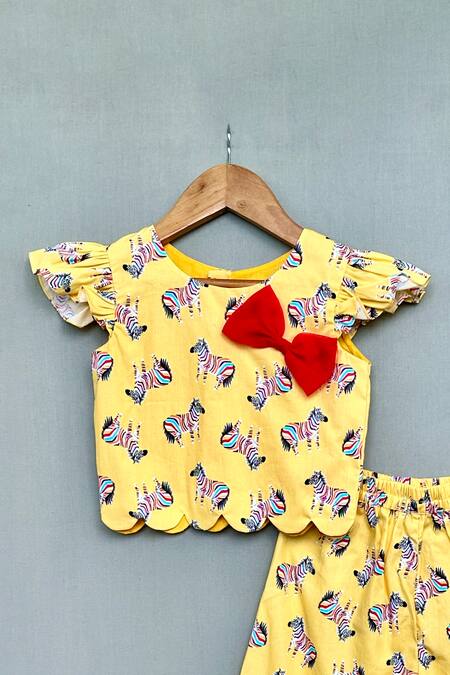 Label Neeti_Yellow Cotton Bows Animal Print Top With Pant _Online_at_Aza_Fashions
