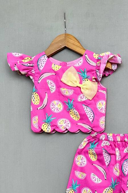 Label Neeti_Pink Cotton Bows Fruit Print Top With Pant _Online_at_Aza_Fashions