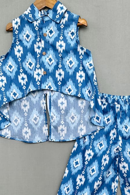 Label Neeti_Blue Cotton Ikat Print High-low Kurta With Pant _Online_at_Aza_Fashions