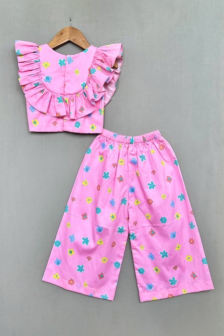 Shop_Label Neeti_Pink Cotton Bows Floral Print Frill Top With Pant _at_Aza_Fashions