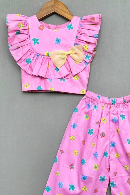 Label Neeti_Pink Cotton Bows Floral Print Frill Top With Pant _Online_at_Aza_Fashions