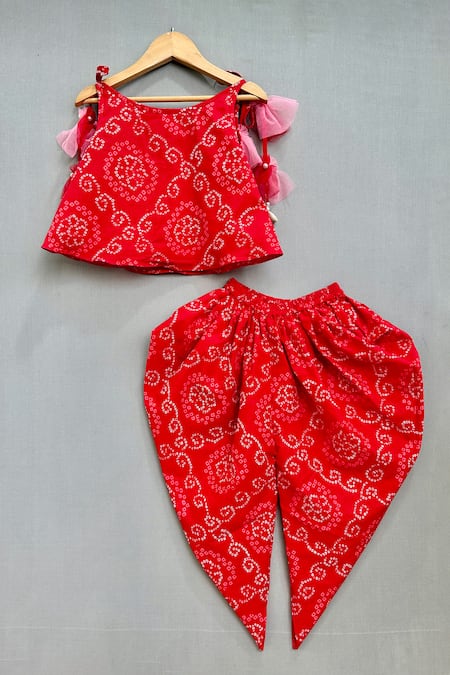 Shop_Label Neeti_Red Cotton Pearls, Tassels Bandhani Print Top With Dhoti Pant _at_Aza_Fashions