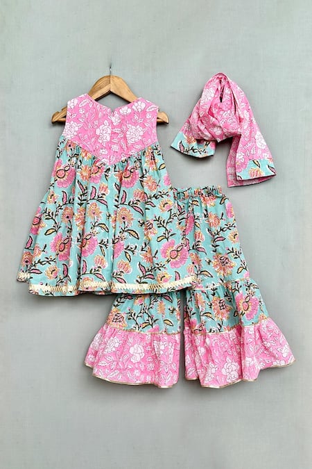 Shop_Label Neeti_Pink Cotton Embroidery, Gota Patti Floral Print Kurta Sharara Set _at_Aza_Fashions