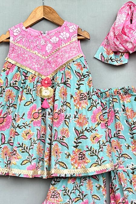 Label Neeti_Pink Cotton Embroidery, Gota Patti Floral Print Kurta Sharara Set _Online_at_Aza_Fashions