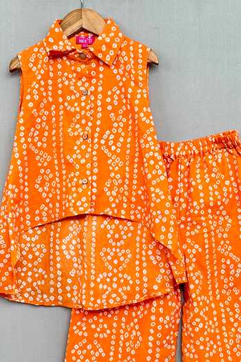 Label Neeti_Orange Cotton Embroidery Bandhani Print High Low Kurta With Pant _Online_at_Aza_Fashions