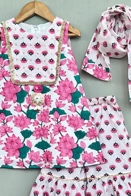 Label Neeti_Pink Cotton Gota Patti Lotus Print Kurta Sharara Set _Online_at_Aza_Fashions