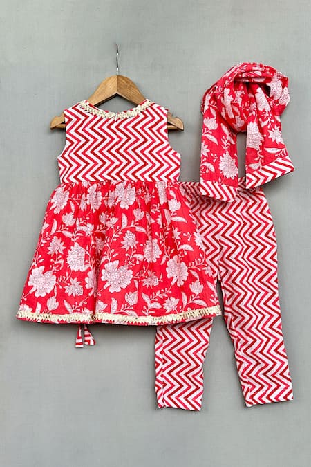 Shop_Label Neeti_Red Cotton Gota Patti, Embroidery Floral Print Angrakha Anarkali Pant Set _at_Aza_Fashions