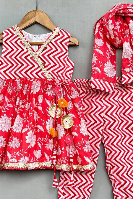 Label Neeti_Red Cotton Gota Patti, Embroidery Floral Print Angrakha Anarkali Pant Set _Online_at_Aza_Fashions