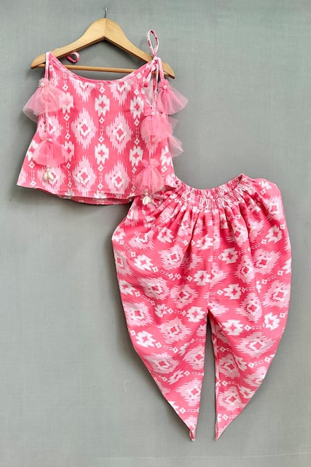 Shop_Label Neeti_Pink Cotton Pearls, Tassels Ikat Print Top With Dhoti Pant _at_Aza_Fashions