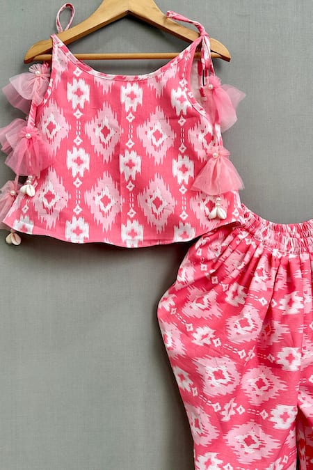 Label Neeti_Pink Cotton Pearls, Tassels Ikat Print Top With Dhoti Pant _Online_at_Aza_Fashions