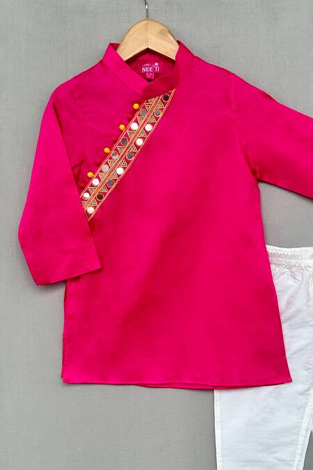Label Neeti_Pink Satin, Mirrors, Embroidery Placket Kurta With Pant _Online_at_Aza_Fashions