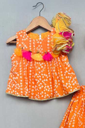 Label Neeti_Orange Cotton Tassels Bandhani Printed Lehenga Set _Online_at_Aza_Fashions