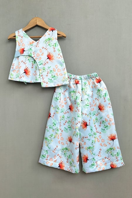 Shop_Label Neeti_Green Satin, Cotton Bows Floral Printed Top With Pant _at_Aza_Fashions