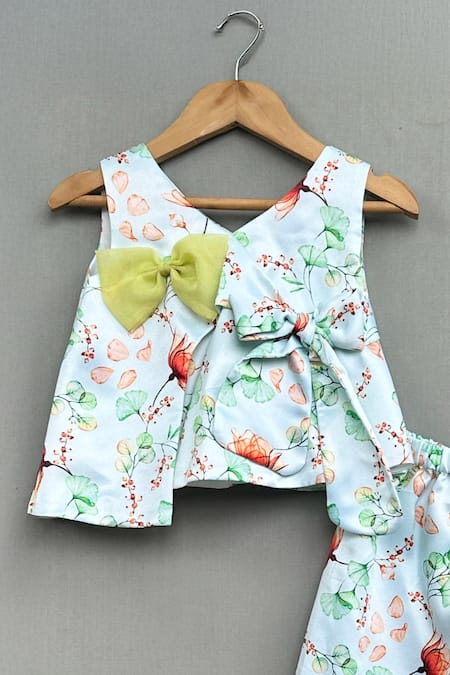 Label Neeti_Green Satin, Cotton Bows Floral Printed Top With Pant _Online_at_Aza_Fashions