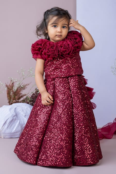 Shop_Label Neeti_Maroon Cotton, Silk, Chiffon Sequins Embellished Lehenga Set _at_Aza_Fashions