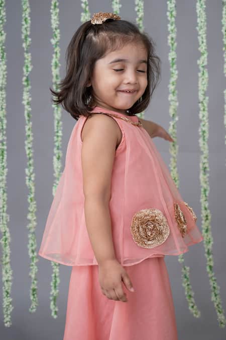 Label Neeti_Pink Organza, Cotton Embroidery Floral Embellished Kurta With Palazzo _Online_at_Aza_Fashions