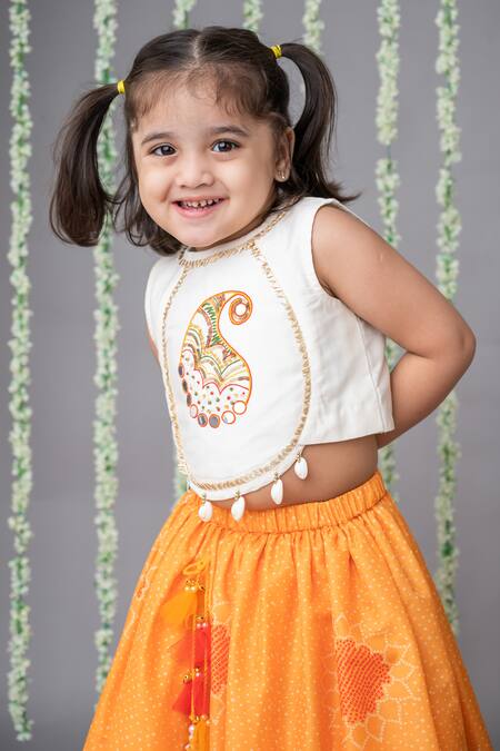 Buy_Label Neeti_Yellow Muslin, Cotton Bows Bandhani Printed Lehenga With Blouse _Online_at_Aza_Fashions