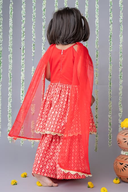 Shop_Label Neeti_Red Georgette, Satin, Tassels, Embroidered Kurta Sharara Set _at_Aza_Fashions