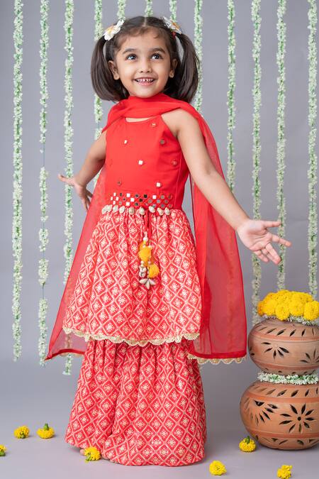 Label Neeti_Red Georgette, Satin, Tassels, Embroidered Kurta Sharara Set _Online_at_Aza_Fashions