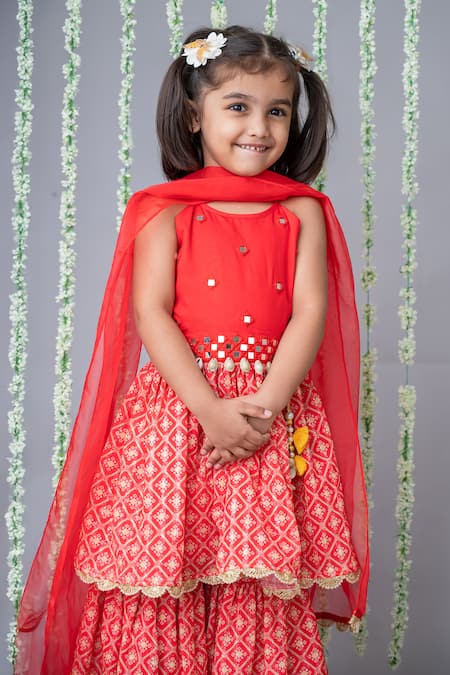 Buy_Label Neeti_Red Georgette, Satin, Tassels, Embroidered Kurta Sharara Set _Online_at_Aza_Fashions