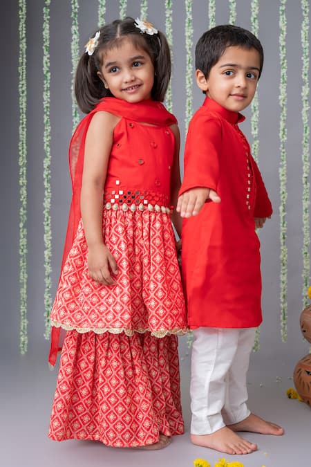 Shop_Label Neeti_Red Georgette, Satin, Tassels, Embroidered Kurta Sharara Set _Online_at_Aza_Fashions