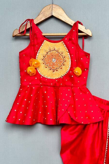 Label Neeti_Red Satin, Fabric Floral Embroidered Peplum Tunic And Dhoti Pant _Online_at_Aza_Fashions