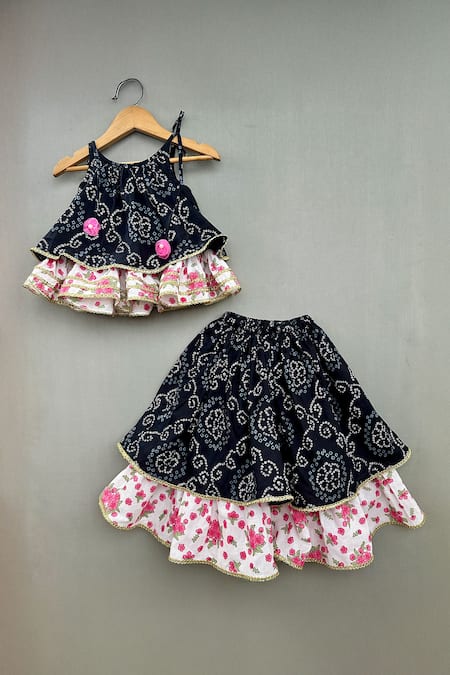 Shop_Label Neeti_Black Cotton Embroidery Printed Layered Lehenga With Blouse _at_Aza_Fashions