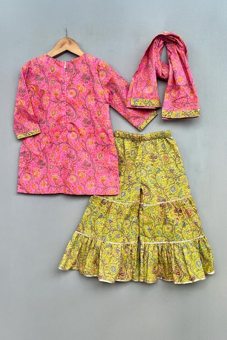 Shop_Label Neeti_Pink Cotton Embroidery Floral Print Kurta Sharara Set _at_Aza_Fashions