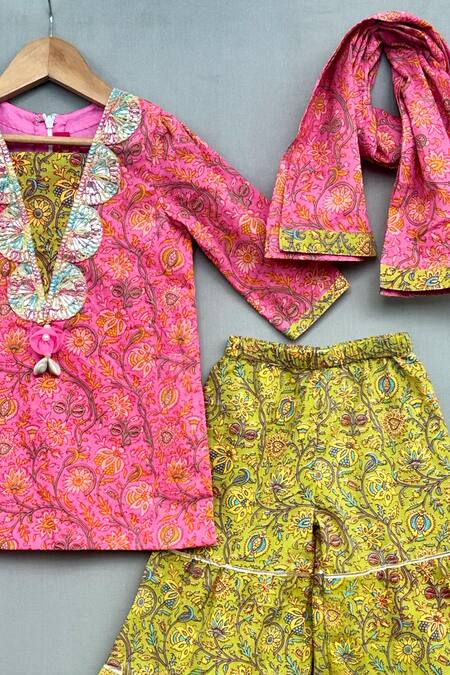 Label Neeti_Pink Cotton Embroidery Floral Print Kurta Sharara Set _Online_at_Aza_Fashions