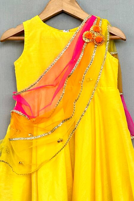 Label Neeti_Yellow Net, Muslin, Cotton Sequins Solid Dress With Attached Drape _Online_at_Aza_Fashions