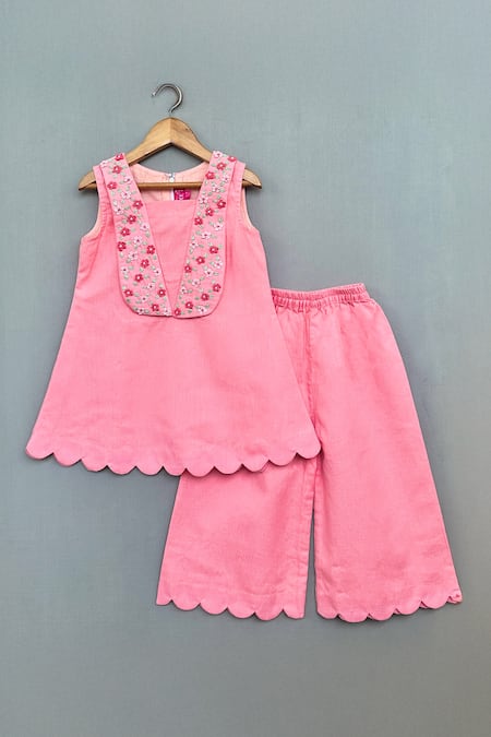 Label Neeti Pink Cotton, Linen Embroidery Floral Hand Kurta With Pant 