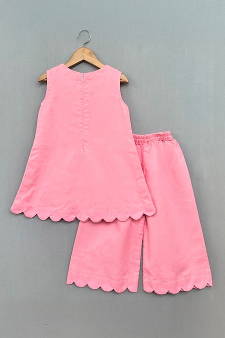 Shop_Label Neeti_Pink Cotton, Linen Embroidery Floral Hand Kurta With Pant _at_Aza_Fashions