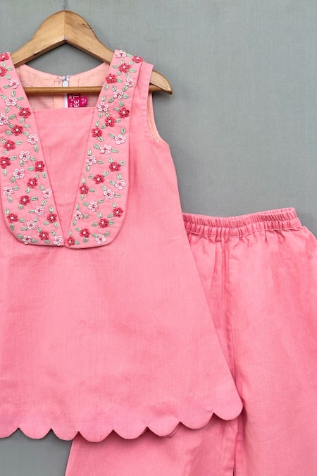 Label Neeti_Pink Cotton, Linen Embroidery Floral Hand Kurta With Pant _Online_at_Aza_Fashions