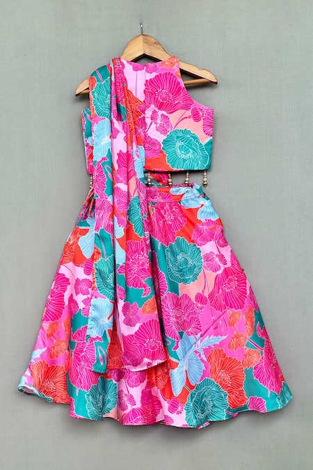 Shop_Label Neeti_Pink Satin, Muslin, Cotton Beads, Floral Printed Lehenga Saree With Blouse _at_Aza_Fashions