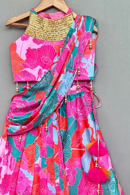 Label Neeti_Pink Satin, Muslin, Cotton Beads, Floral Printed Lehenga Saree With Blouse _Online_at_Aza_Fashions