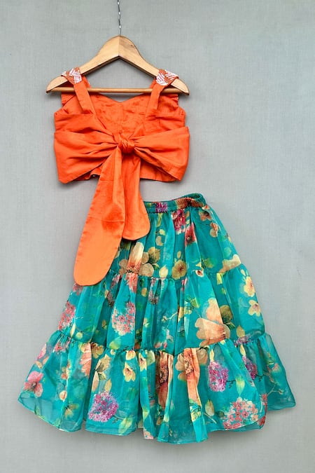Shop_Label Neeti_Orange Organza, Cotton Satin, Linen Beads, Embellished Blouse With Lehenga _at_Aza_Fashions