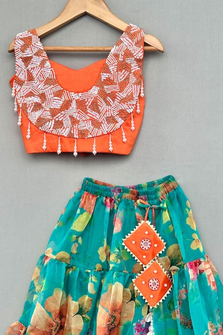 Label Neeti_Orange Organza, Cotton Satin, Linen Beads, Embellished Blouse With Lehenga _Online_at_Aza_Fashions