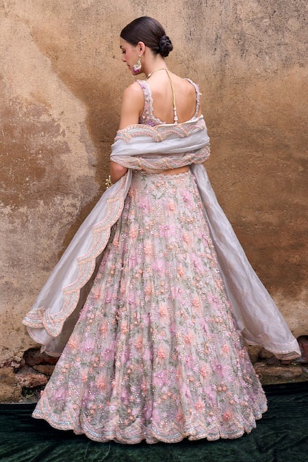 Shop_Ridhima Bhasin_Multi Color Organza Sequins, Nayab 3d Floral Embroidered Lehenga Blouse Set _at_Aza_Fashions
