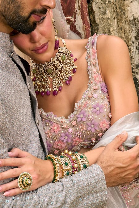 Shop_Ridhima Bhasin_Multi Color Organza Sequins, Nayab 3d Floral Embroidered Lehenga Blouse Set _Online_at_Aza_Fashions