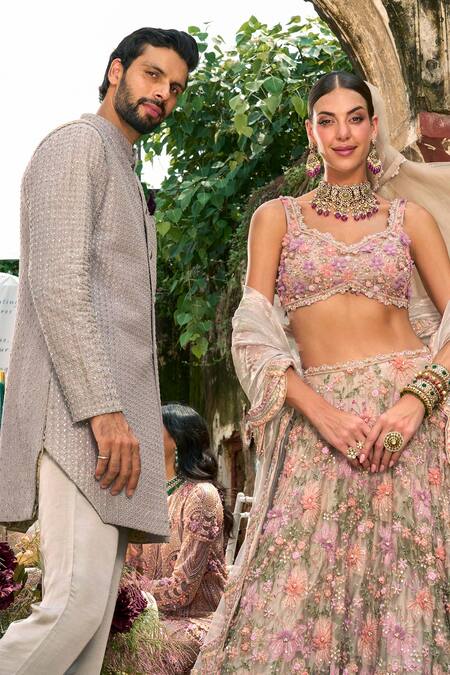 Ridhima Bhasin_Multi Color Organza Sequins, Nayab 3d Floral Embroidered Lehenga Blouse Set _at_Aza_Fashions