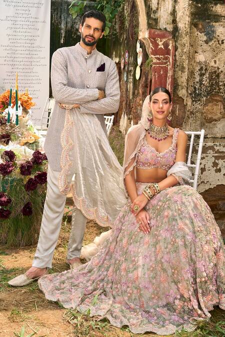 Shop_Ridhima Bhasin_Multi Color Organza Sequins, Nayab 3d Floral Embroidered Lehenga Blouse Set 