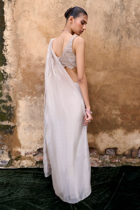 Shop_Ridhima Bhasin_Pink Organza Beads, Crystals Affinity Scallop Hem Pre-draped Saree With Blouse _at_Aza_Fashions