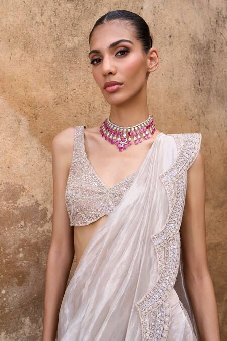 Ridhima Bhasin_Pink Organza Beads, Crystals Affinity Scallop Hem Pre-draped Saree With Blouse _Online_at_Aza_Fashions